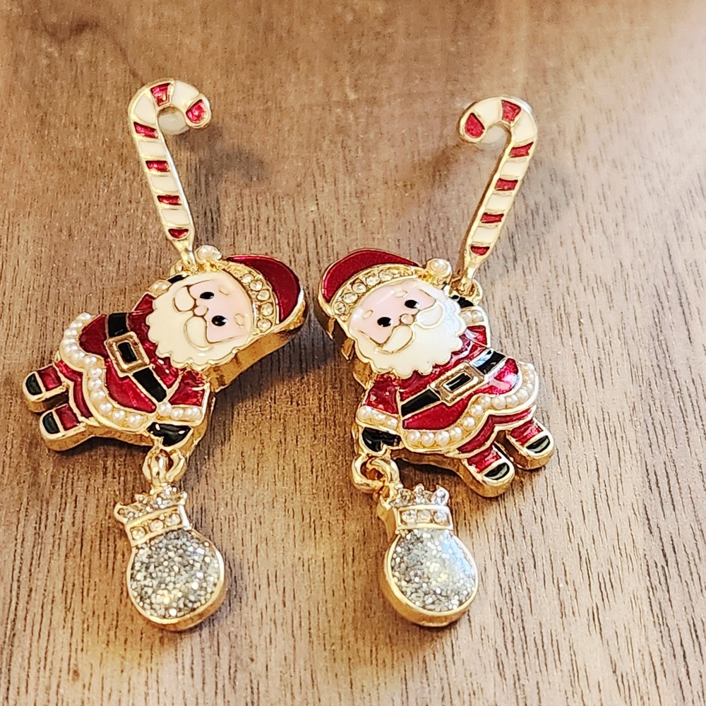 Christmas Santa Claus Candy Cane Drop Earrings Gold Tone Enamel Rhinestone Pearl
